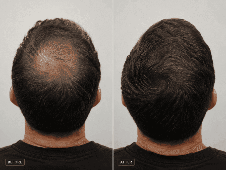 Before and after results for a male HairGain® patient showing reduced thinning